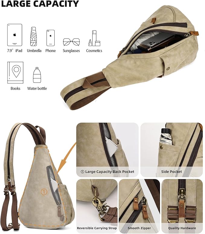 KL928 PU Leather Sling Bag - Small Crossbody Backpack Shoulder Casual Daypack Rucksack for Men Women