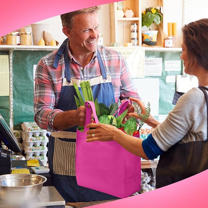 Reginary Reusable Totes Bags - 100 Pcs Non Woven Grocery Handle Bags for Shop Events & Retail Store (Rose Pink)