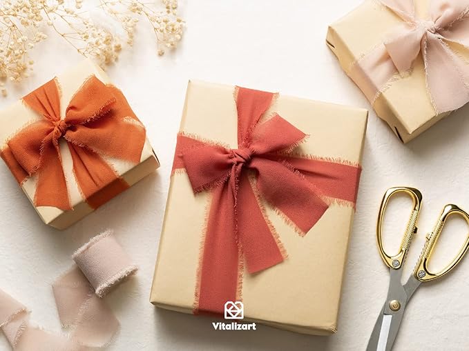 Vitalizart Fall Handmade Chiffon Silk Ribbon Fringe 1.5" x 21 Yd Terracotta Frayed Edges Ribbons for Wedding Invitations Bridal Bouquets Gifts Wrapping Crafts Holiday Party Decorations