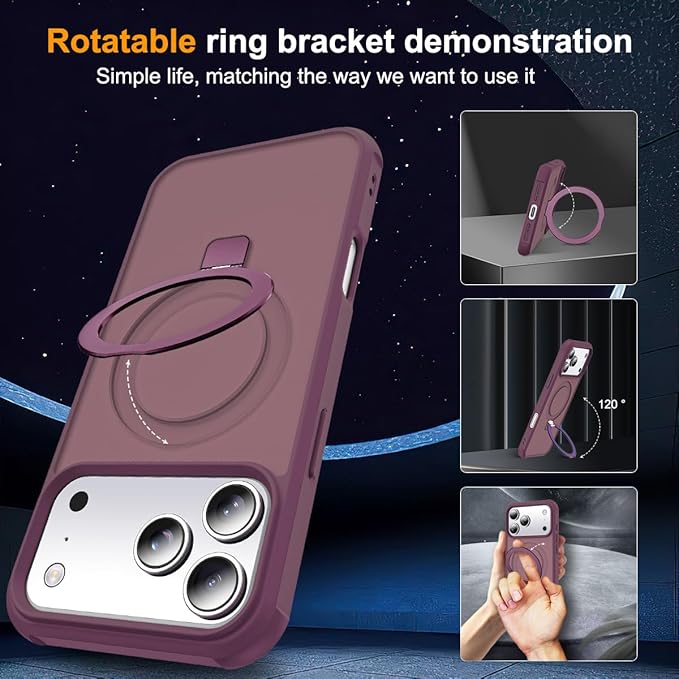 Compatible with iPhone 17 Pro Case with Invisible Magnetic O-Ring Stand Military-Grade Translucent Phone Case for iPhone 17 Pro 6.3" [Compatible with Mag-Safe][Great Grip Feeling], Wine Red