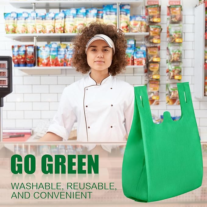 Windyun Large Grocery T-shirt Bags Bulk Reusable Non Woven Shopping Bag Foldable Gift Tote with Handle, 21x11x6 Inch