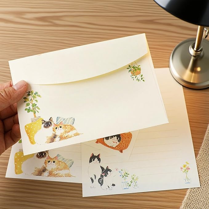 37 Pcs Stationery Paper Envelopes Set Includes 24 Lined Writing Paper & 12 Envelopes with 48 Colorful Round Dot Stickers, Cute Vintage Cat Letter Writing and Stationery Paper Envelopes(4Style)