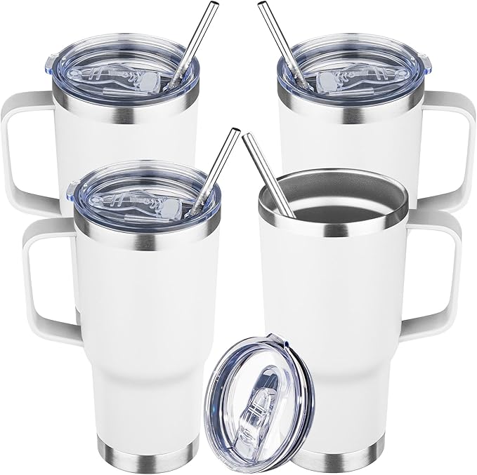 20 oz Tumbler with Handle Stainless Steel Insulated Coffee Mug Tumbler with Lid and Straw Double Wall Vacuum Insulated Coffee Mug Leak Proof Travel Mug Tumbler for Hot and Cold Drink (White,4pack)