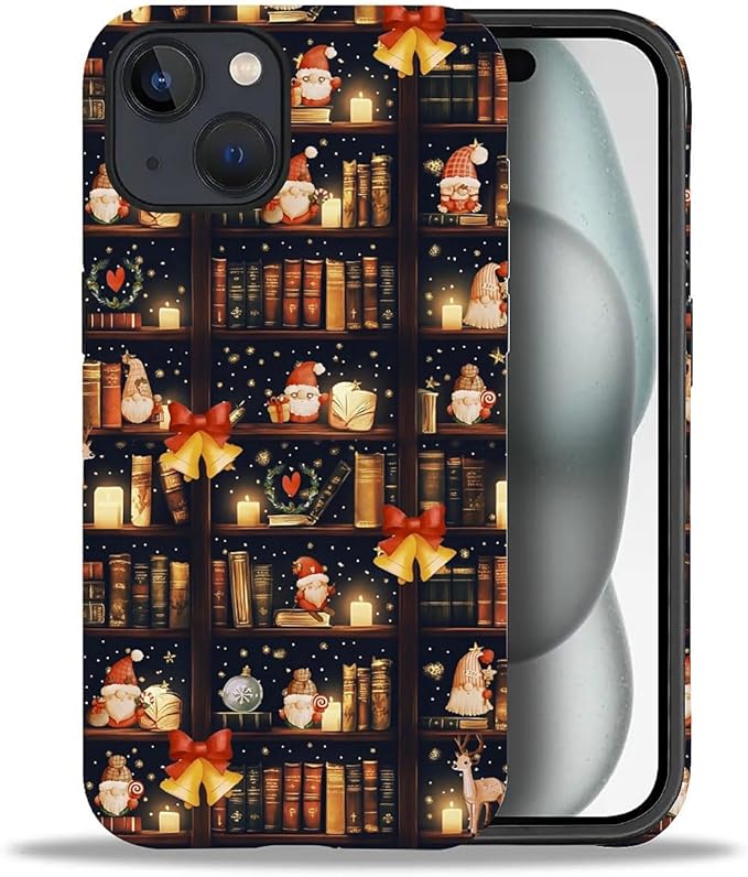 DAIZAG Case Compatible with for iPhone 15,Christmas Santa Claus Bookshelf Bells Phone Case for iPhone 15 for Girl Women Boy Men