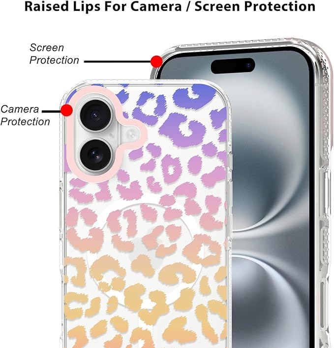 SAKUULO Magnetic for iPhone 16 Case Colourful Leopard Print Pattern [Compatible with MagSafe] [with Screen Protector] Wireless Charge Strengthen Protection Cover, Colourful Leopard (6.1")
