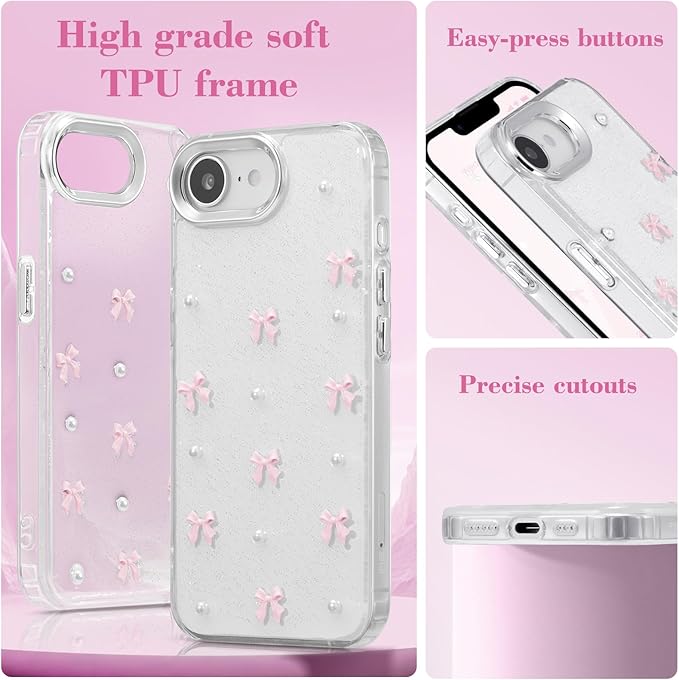 EYZUTAK Case for iPhone 16e, Bling Glitter 3D Bowknot Phone Case Cute Sparkly Crystal Clear Bow Aesthetic Design Cover Slim Soft Durable TPU Transparent Protective Cover for Women Girl - Pink Bow