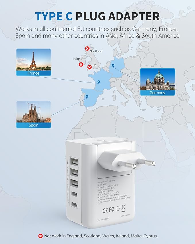 European Travel Plug Adapter, US to Europe Plug Adapter with 2 US Outlets, 3 USB-A & 2 USB-C Ports, Detachable Type C Outlet Adapter Charger for Most of Europe Italy Spain Iceland Portugal (X232C)