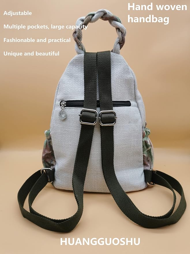 HUANGGUOSHU Women Cotton Woven Bohemian Hemp Boho Canvas Embroidery Multi Pocket Retro Cute Backpack Wallet Backpack Mango