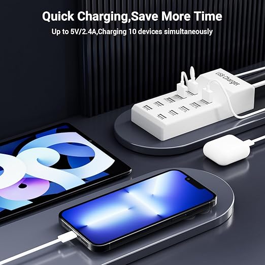 USB Charging Station 50w10A 10-Port Charger, Multiport Charger Hub, Compatible with iPhone, Galaxy, iPad Tablet, and Other Devices（White）