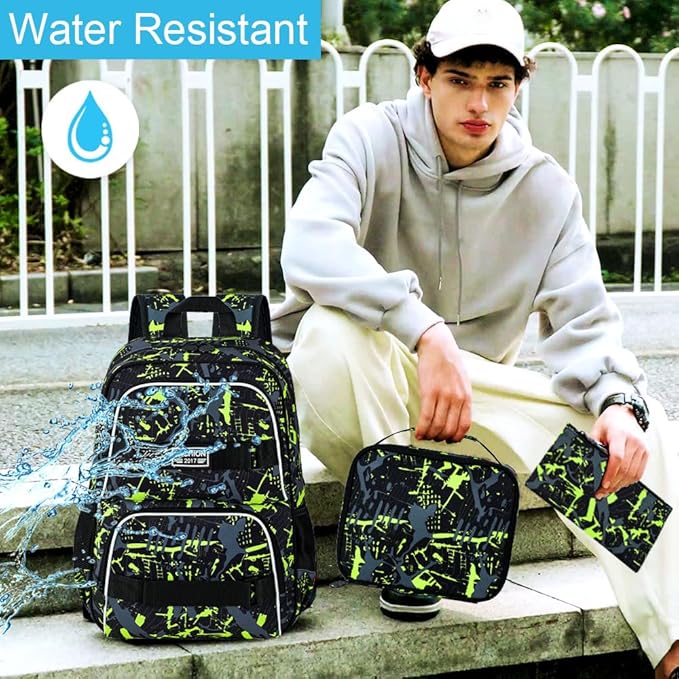 17 Inches Backpack for Boys Men, 3Pcs College Laptop Backpacks Set for Teens Students, Water Resistant Graffiti School Bookbag with Lunch Bag(Green)