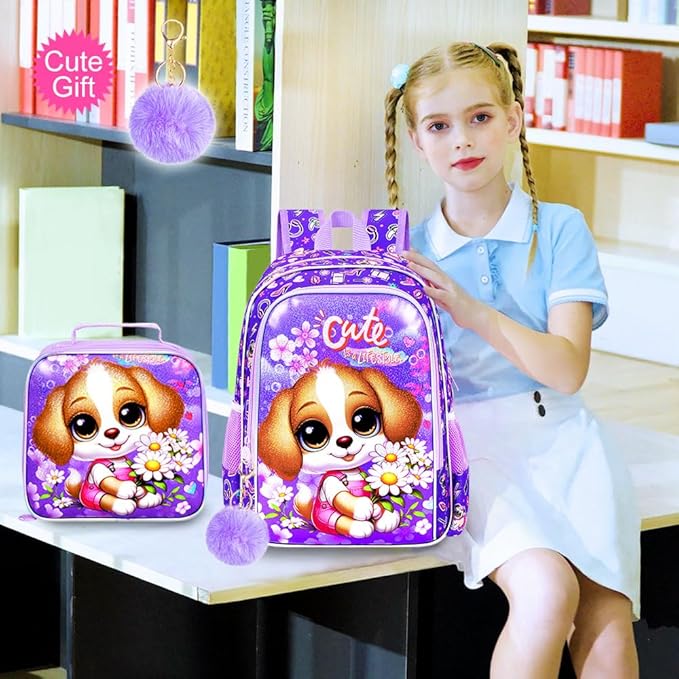 16" Girls Backpack, 3Pcs Dog School Bookbag with Lunch Box, Kids Backpacks for Elementary Preschool Kindergarten(Purple)