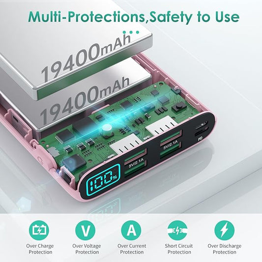 Portable Charger 38800mAh,LCD Display Power Bank,5 USB Outputs Battery Pack Backup,USB-C in&out Dual Input Phone Charging Compatible with iPhone 16/15/14/13 Pro,Android Samsung Galaxy Pixel Nexus-Pink