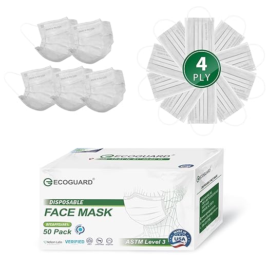 Disposable Face Masks Made in USA, 4 Ply for Families, Students, Breathable All-Day Wear & Safety, FSA HSA Eligible, ASTM Level 3 Medical Grade, 50 Pack, Grey
