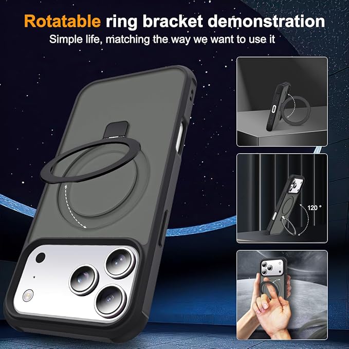 Compatible with iPhone 17 Pro Max Case with Invisible Magnetic O-Ring Stand Military-Grade Translucent Case for iPhone 17 ProMax 6.9" [Compatible with Mag-Safe][Great Grip Feeling], Black
