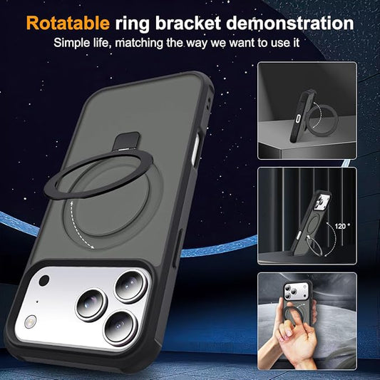 Compatible with iPhone 17 Pro Case with Invisible Magnetic O-Ring Stand Military-Grade Translucent Phone Case for iPhone 17 Pro 6.3" [Compatible with Mag-Safe][Great Grip Feeling], Black