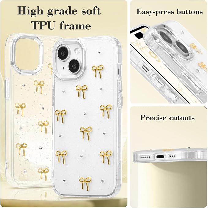 EYZUTAK Case for iPhone 15, Bling Glitter 3D Bowknot Phone Case Cute Sparkly Crystal Clear Bow Aesthetic Design Case Slim Soft Durable TPU Transparent Protective Cover for Women Girls - Gold Bow
