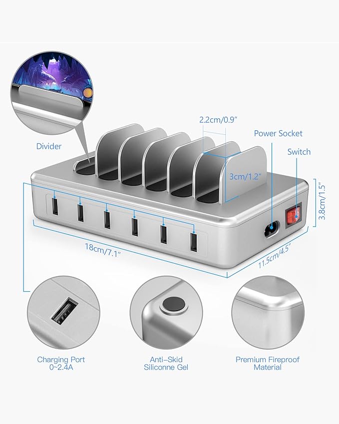 Charging Station for Multiple Devices - 6 Port Fast Charging Station for iPhone iPad Android and Tablet - Multi Charging Stations - Phone Charging Stations with 6 Mixed Cables Included(UL Certified)