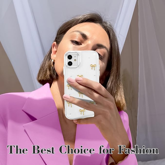 EYZUTAK Case for iPhone 12/iPhone 12 Pro, Bling Glitter 3D Bowknot Phone Case Cute Sparkly Crystal Clear Bow Aesthetic Case Slim Soft Durable TPU Transparent Protective Cover for Women Girls- Gold Bow