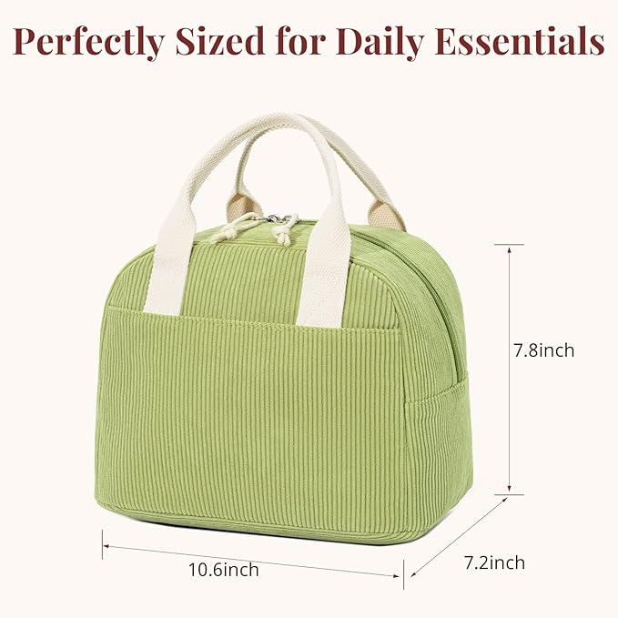 Insulated Lunch Bag for Women Men, Stylish Corduroy Tote Bag with Aluminum Lining, Large Capacity Reusable Cooler for Work, Travel, or Beach, Guacamole Green Lunch Box