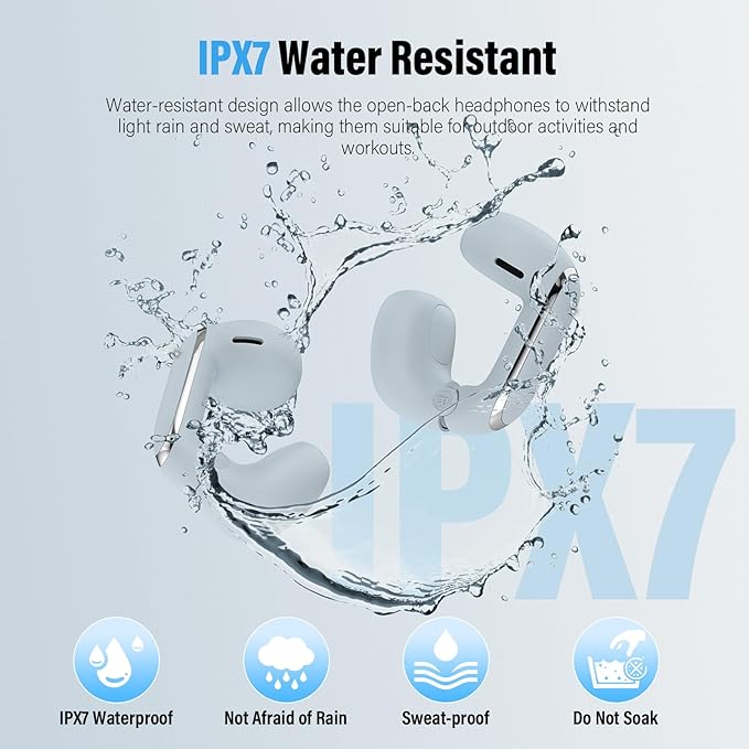 Wireless Earbuds, Clip On Ear Headphones, Bluetooth 5.4 HiFi Stereo Earbuds, 42H, LED Display Ear Buds, Comfortable Lightweight, IP7 Waterproof Open Ear Earphones, Earbud for Workouts Running, Blue