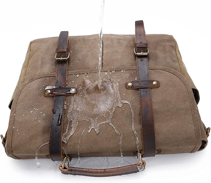 Messenger Bag for Men, Waterproof Genuine Leather Waxed Canvas Briefcase 15.6 Inch Laptop Larger Shoulder Bag with Key Bag