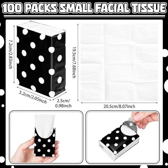 Therwen 100 Pack Pocket Tissues Travel Packs Bulk 1000 Sheet Mini Tissues Bulk 3 Ply Small Travel Size Paper Individual Pocket Size (Classic Polka Dots)