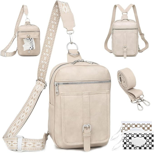 Sling Bag Crossbody Backpack - 2 in 1 Leather Cross Body Bag Fanny Pack with 2 Removable Straps