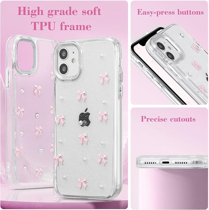 EYZUTAK Case for iPhone 12/iPhone 12 Pro, Bling Glitter 3D Bowknot Phone Case Cute Sparkly Crystal Clear Bow Aesthetic Case Slim Soft Durable TPU Transparent Protective Cover for Women Girls-Pink Bow