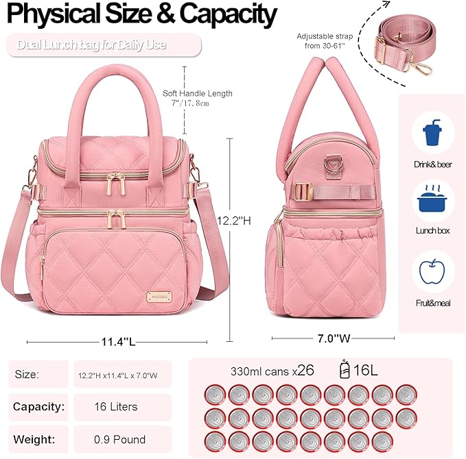 Weitars Lunch Bag for Women Men,Double Deck Lunch Box for Women,Quilted Lunch Tote for Work,Insulated Lunch Cooler Leakproof Lunchbox for Adult with Shoulder Strap &Pockets for Picnic Hiking (Pink)
