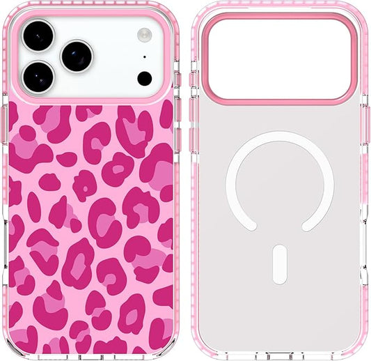 SAKUULO Magnetic for iPhone 17 Pro Case with Screen Protector [Compatible with MagSafe] Hot Pink Leopard Print Pattern Wireless Charge Strengthen Protection Cover Hot Pink Leopard (6.3")