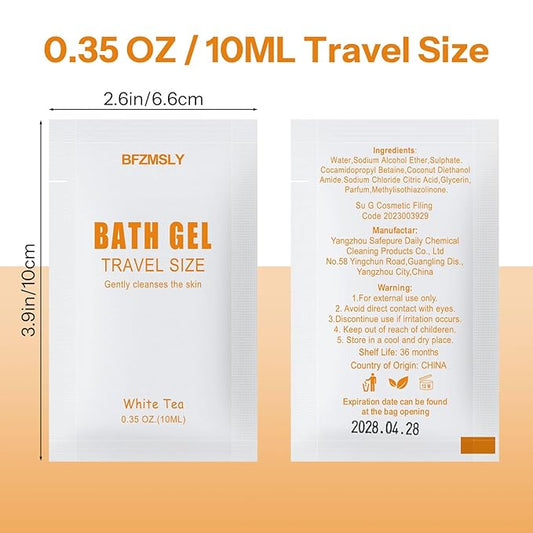 100 Pack Travel Size Body Wash Packets Bulk (0.35oz, White Tea Scent) – Mini Individual Pack TSA Approved Toiletries for Guest Body Wash for Hotels, Airbnb, Travel & Hospitality