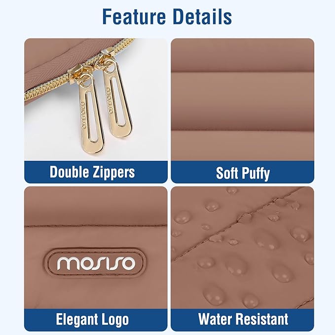 MOSISO 13.3 inch Laptop Case, 13-13.3 inch Puffy Laptop Sleeve Compatible with MacBook Air 13 13.6 M4 M3 M2 M1/Pro 13/Pro 14, HP Dell ASUS Lenovo,Polyester Horizontal Bag with Small Case, Mocha