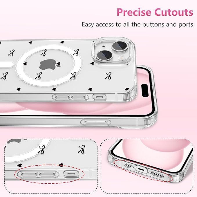 ZTOFERA for iPhone 15 Magnetic Case Clear,Cute Love Heart Ribbon Bow Tie Aesthetic Phone Case,Transparent Trendy Slim Soft Shockproof Protective Phone Cover for Women Girls,Black