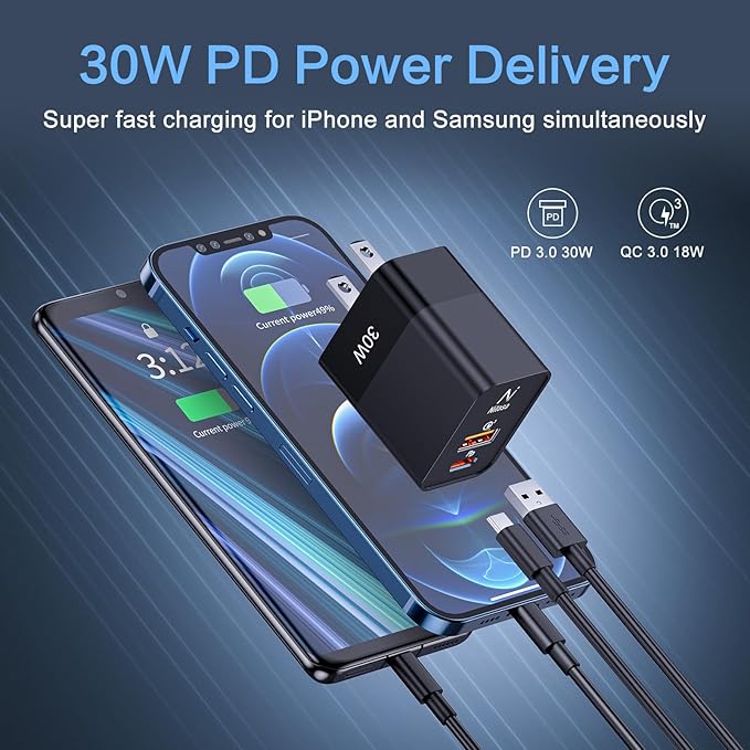 USB C Wall Charger,NITASA 30W 2 Port GaN III PD Fast Charger Adapter Block for iPhone 14/15 Pro/16 Pro Max/16 iPad,Super Fast Charger Block(25W)Type C charging for Samsung S25 S24 Pixel 9a/8a 8 9 Pro