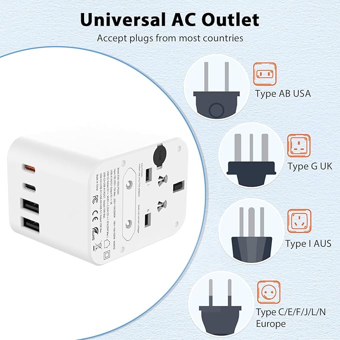 Worldwide Travel Adapter, 5 in 1 Plug Fast Charging Universal Power Adapter with 4 USB Ports (2X Type C and 2X Type A), Universal All in One Wall Charger for US EU UK AU, Fuse Protection - White