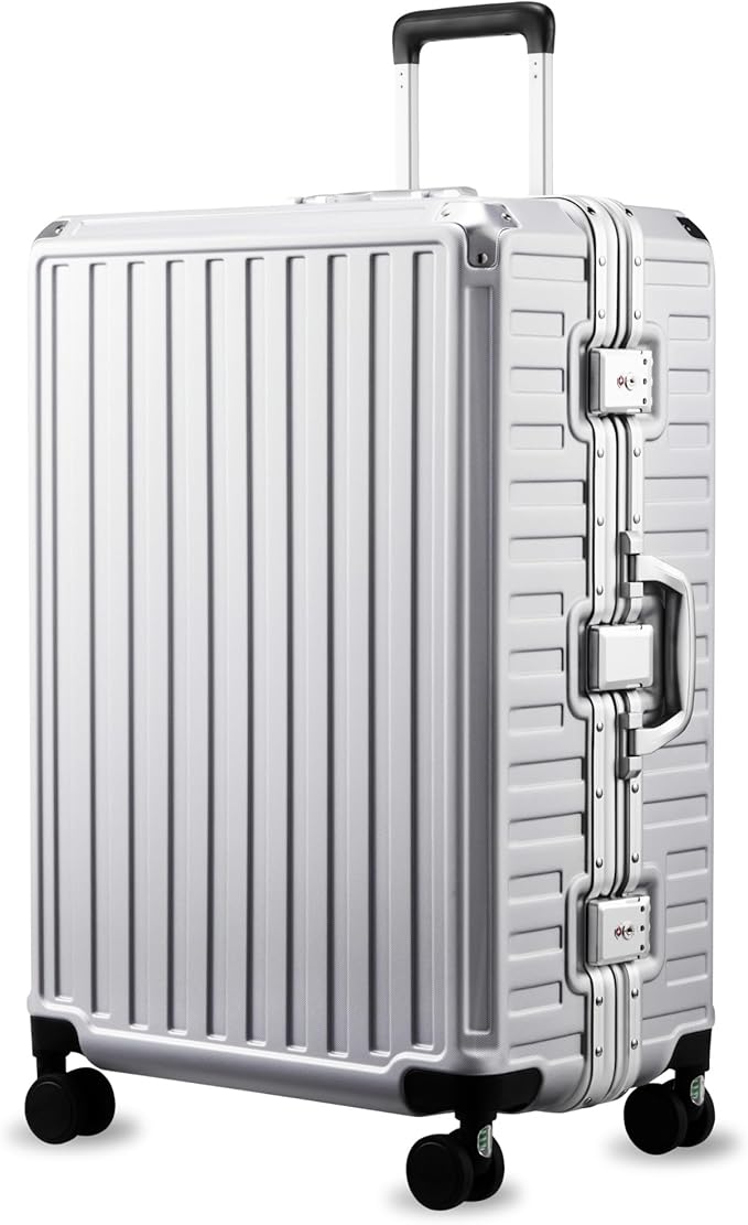 LUGGEX Checked Suitcase with Spinner Wheels, 28 Inch Aluminum Frame Zipperless Polycarbonate Hard Shell Suitcase, Silver