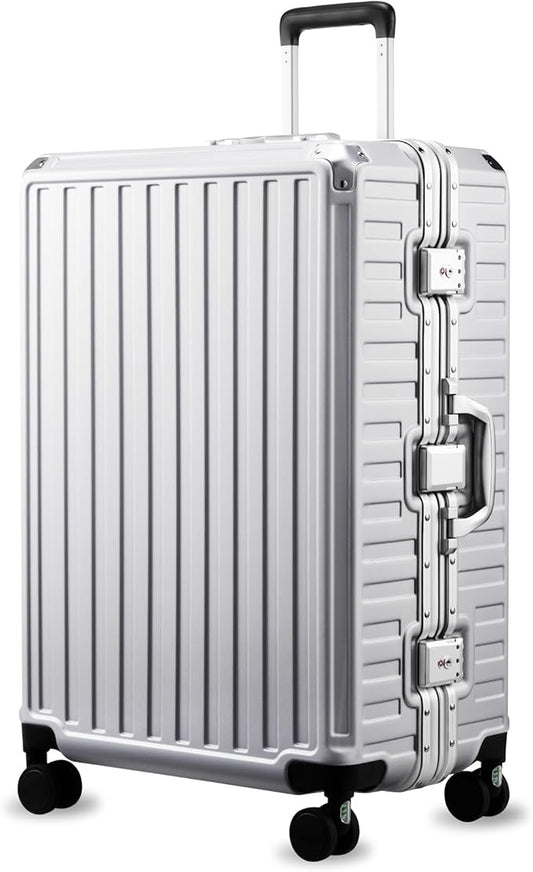 LUGGEX Checked Suitcase with Spinner Wheels, 28 Inch Aluminum Frame Zipperless Polycarbonate Hard Shell Suitcase, Silver