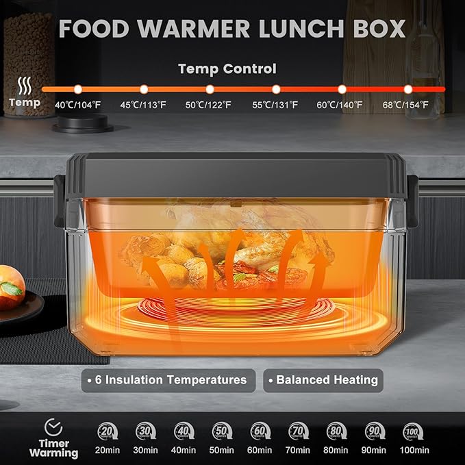 Cordless Electric Lunch Box - 24000mAh Rechargeable Heated Lunch Box, 1.6L Portable Self-Heating Food Warmer for Adults, Men & Women