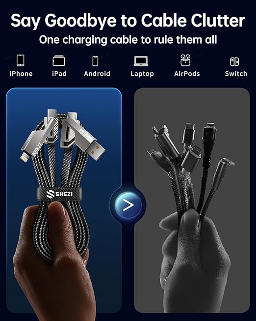 SHEZI [Upgraded 2.0] 4-in-1 Long USB C Cable 60W 10FT Fast Charging [480Mbps Data Transfer] Flat Braided Multi Charger Cord Wire Combo with L/USB C/A Port for iPhone/iPad & All Devices, Grey
