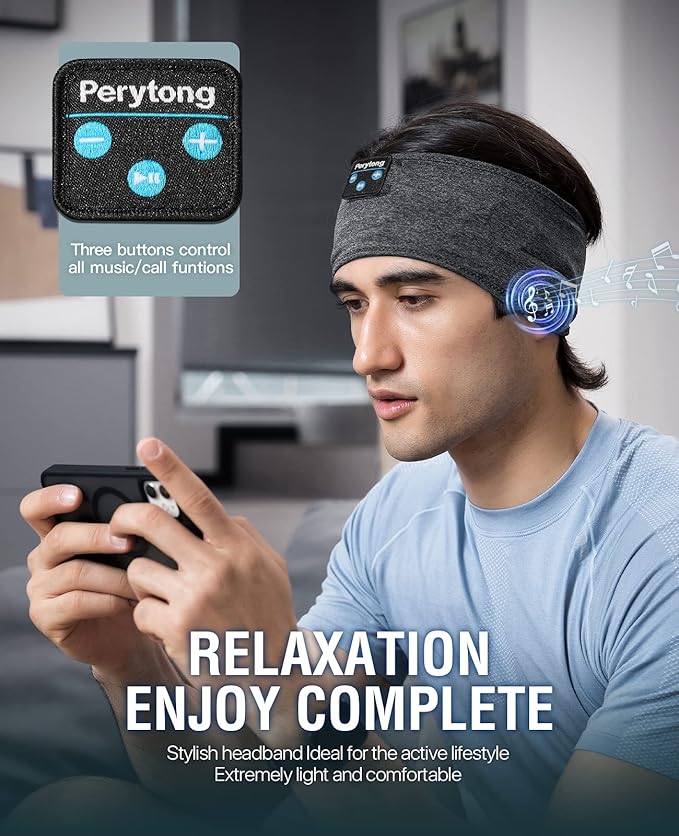 Perytong Bluetooth Headband Sleep Headphones, Sleeping Headphones for Side Sleepers, Sleep Earbuds Wireless Earphones with HD Stereo Speaker for Birthday Anniversary Christmas Tech Gifts Men Women