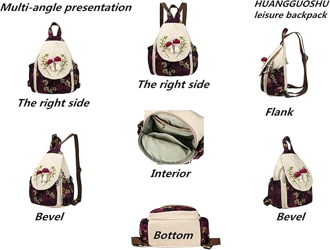 HUANGGUOSHU Bohemian Hand-Knit Mini Backpack for Women - Stylish, Functional, and Ideal for Travel, School, and Work Mushroom Backpack