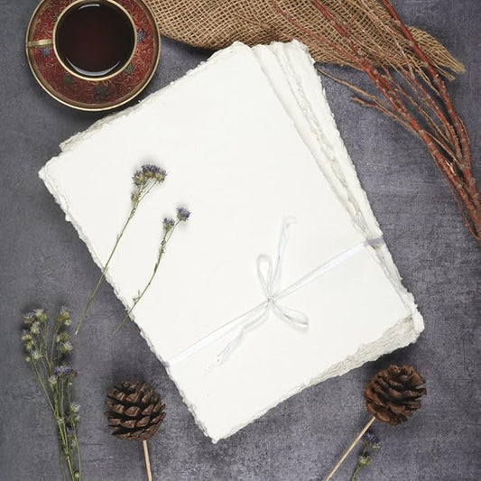 400 GSM / 25 Sheets - Rough/Textured Watercolor Drawing/Sketching Paper - 6"X4"(A6)- Handmade/Deckle Edge Paper Made from Virgin Egyptian Cotton - Off-White by Leather Village
