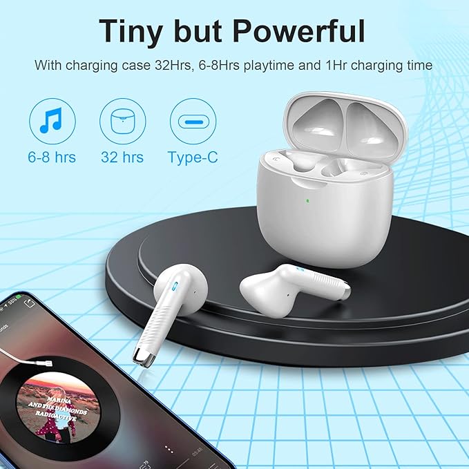 Jxrev Wireless Earbuds, Bluetooth 5.4 Headphones in Ear with Noise Cancelling Mic, Earbuds Stereo Bass, IP7 Waterproof Sports Earphones, 32H Playtime USB C Charging Buds White for Android iOS
