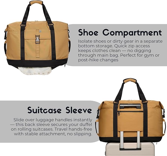 SUNNY BIRD Duffel with Utility Pouch, 40L Weekender Overnight Bag with Shoe Compartment for Travel and Sports (Brown and black)