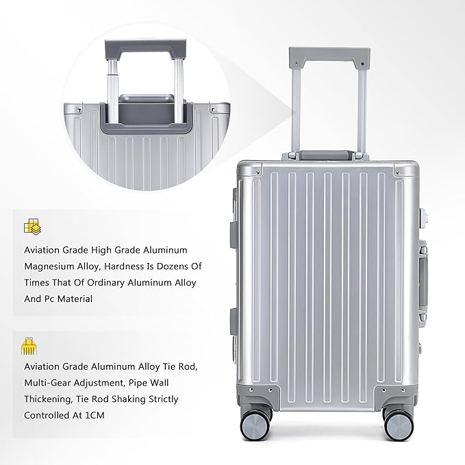 YYW All aluminum-magnesium Carry-On Luggage 20 Inch,Airline Approved Lightweight Suitcase with TSA Lock and Silent Wheels,Suitable for business travel (Silver, 20in)