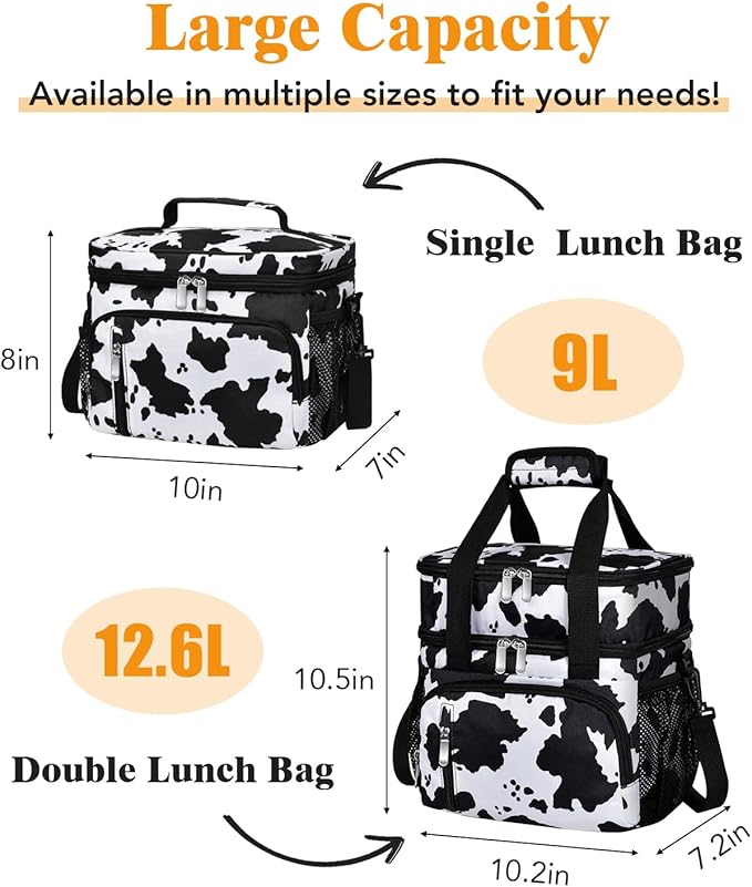 Insulated Lunch Bag for Men & Women - Leakproof Lunch Box Soft Cooler Tote, Adjustable Strap, Reusable Lunch Box for Work Office Picnic Beach Travel-Cow Print
