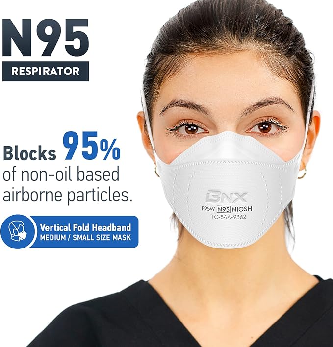 BNX N95 Mask NIOSH Certified MADE IN USA Face Mask, Tri-Fold Cup/Fish Style, 10,20,50-Pack - Black, White (Model F95B,F95W)