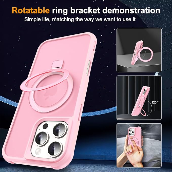 Compatible with iPhone 16 Pro Max Case with Invisible Magnetic O-Ring Stand Military-Grade Translucent Case for iPhone 16 ProMax 6.9" [Compatible with Mag-Safe][Great Grip Feeling], Pink