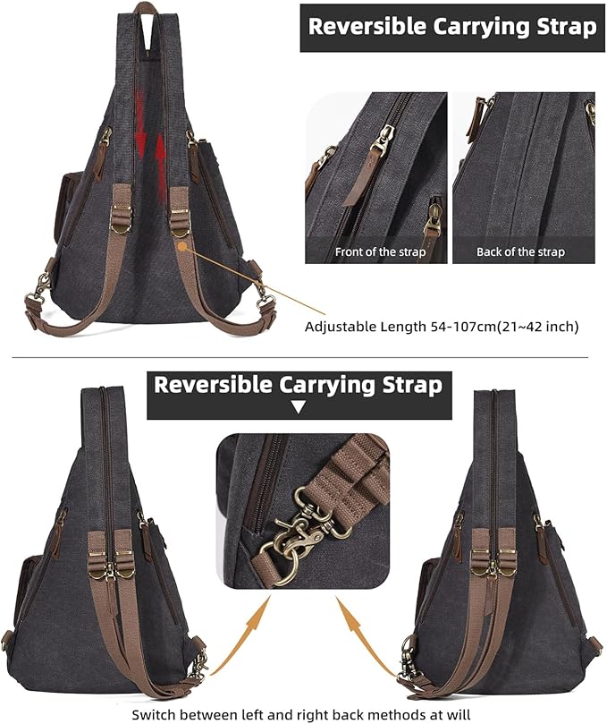 KL928 Canvas Sling Bag - Casual Crossbody Shoulder Daypack Rucksack Backpack for Men Women, Black