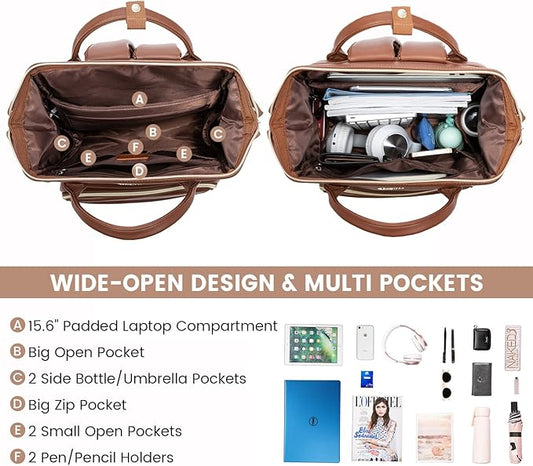 Leather Laptop Backpack for Women with USB Port - 17in, Travel Purse for Nurse, Teacher, College, Business - Carry On Backpack by LOVEVOOK